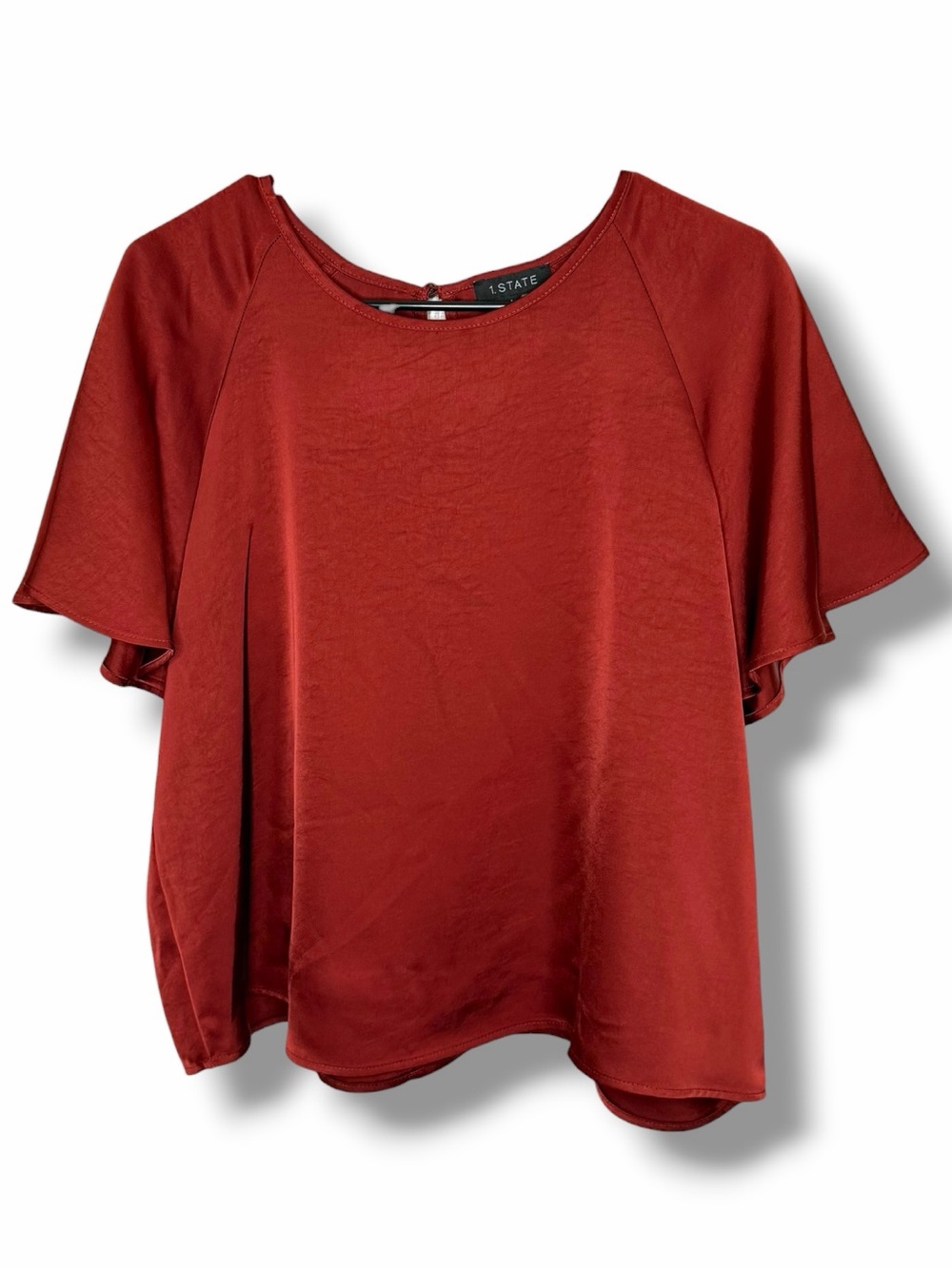 1. STATE Raglan Sleeve Top Brick Red Flutter Sleeve Blouse